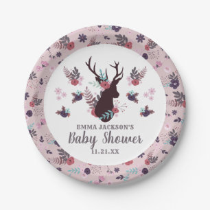 Rustic Deer Head Mauve Floral Girl Baby Dusche Pappteller