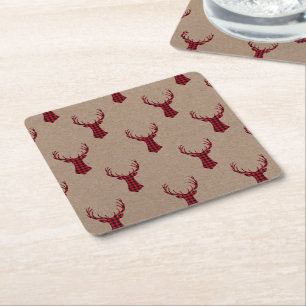 Rustic Deer Kraft Karierte Weihnachten Rechteckiger Pappuntersetzer