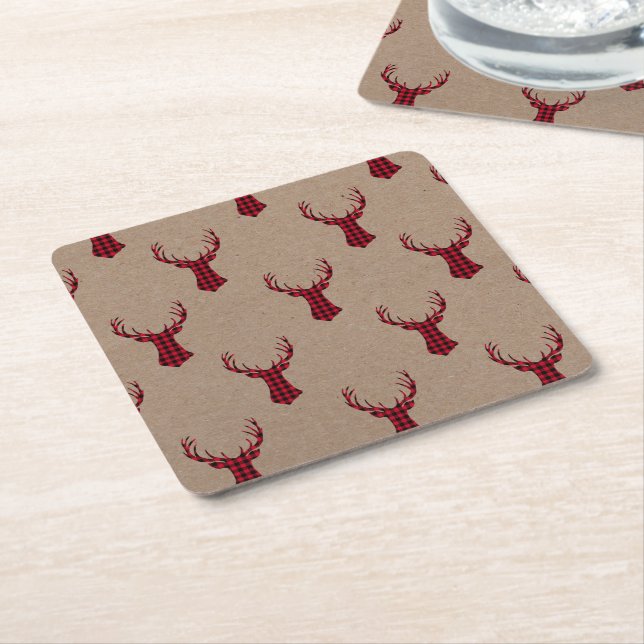 Rustic Deer Kraft Karierte Weihnachten Rechteckiger Pappuntersetzer (angewinkelt)