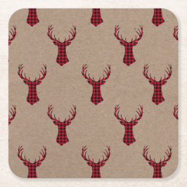 Rustic Deer Kraft Karierte Weihnachten Rechteckiger Pappuntersetzer