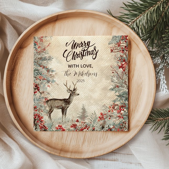 Rustic Deer Pine Berry Weihnachtsgebäck Party Serviette (Von Creator hochgeladen)
