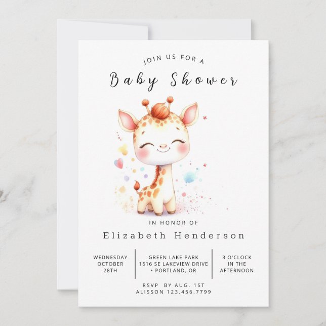 Rustic Digital Giraffe Baby Dusche Einladung (Vorderseite)