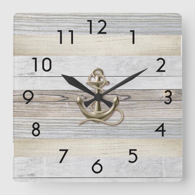 Rustic Driftwood Anchor Square Wall Clock Quadratische Wanduhr (Vorderseite)
