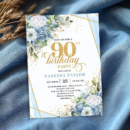 Rustic Dusty Blue 90th Birthday Floral Script   Einladung