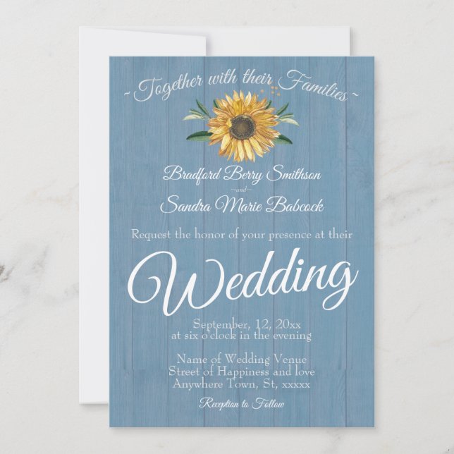 Rustic Dusty Blue Barn Wood Sunflower Wedding Einladung (Vorderseite)