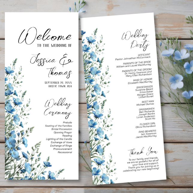 Rustic Dusty Blue Boho Chic Wildblumen Hochzeit Programm (Front/Back)