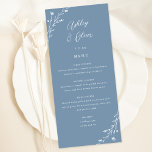 Rustic Dusty Blue Botanical Wedding Menu Card Programm<br><div class="desc">Diese hübsche Hochzeitsempfangskarte bietet einen schönen,  staubblauen Hintergrund mit handgezeichnet Wildblumen und eleganter Typografie in Weiß. Zusammen bilden diese Elemente ein rustikales und dennoch elegantes Hochzeitsmenü,  das sich perfekt für eine romantische Hochzeit zu jeder Jahreszeit eignet. Dieses Design koordiniert mit unserer Hochzeitssuite für rustikale Wildblumen.</div>
