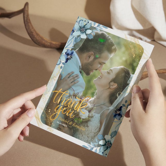 Rustic Dusty Blue Floral Danke Card - Foto (Rustic Dusty Blue Floral Thank You Card - Photo Insert)