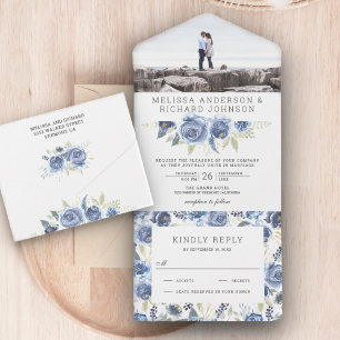 Rustic Dusty Blue Gray Foto Wedding All In One Einladung
