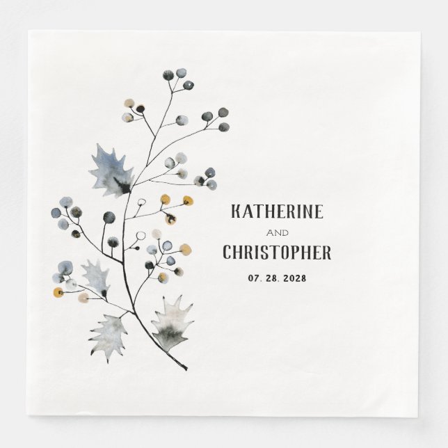 Rustic Dusty Blue Holly Stem Leaf & Berries Serviette (Vorderseite)