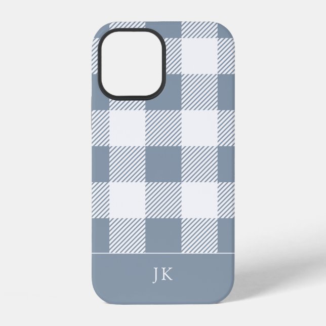 Rustic Dusty Blue Kariert Pattern Monogram iPhone 12 Hülle (Rückseite)