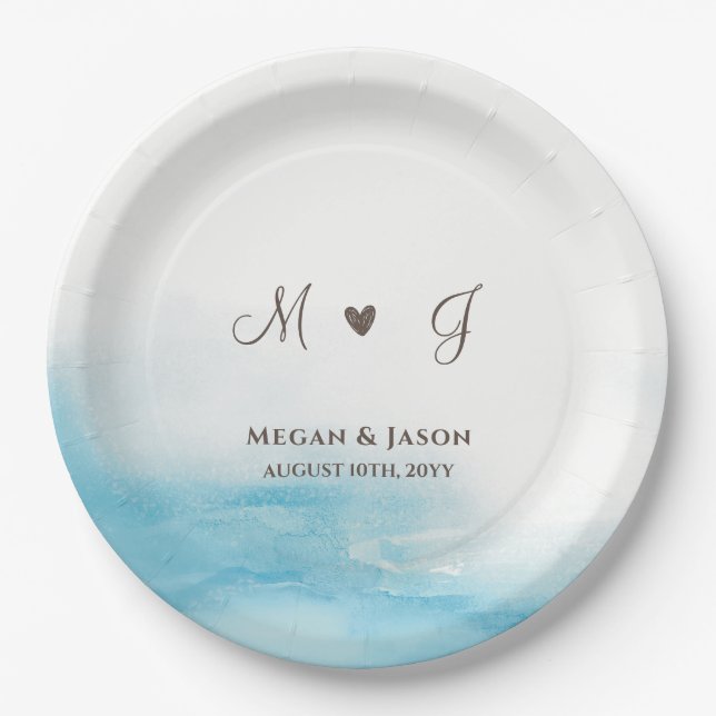Rustic Dusty Blue Mit Monogramm Custom Wedding Pappteller (Vorderseite)