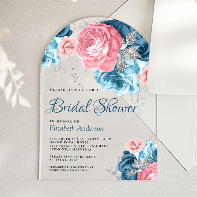 Rustic Dusty Blue Pink Floral Rose Bridal Shower Acryleinladungen (Von Creator hochgeladen)