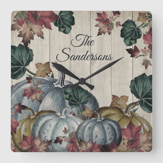Rustic Dusty Blue Pumpkin Herbstlaubs Wood Quadratische Wanduhr (Vorderseite)