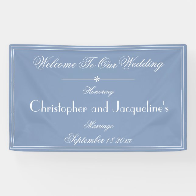 Rustic Dusty Blue Script Name Chic Wedding Willkom Banner (Horizontal)