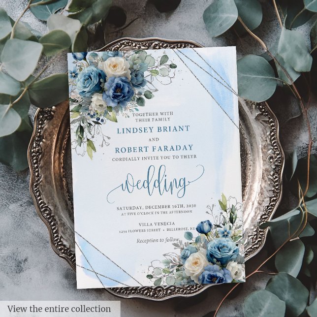 Rustic Dusty Blue Silver Floral Wedding Einladung (Rustic Dusty Blue Silver Floral Wedding Invitation)