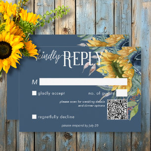 Rustic Dusty Blue Sunflowers Wedding QR Code RSVP Karte