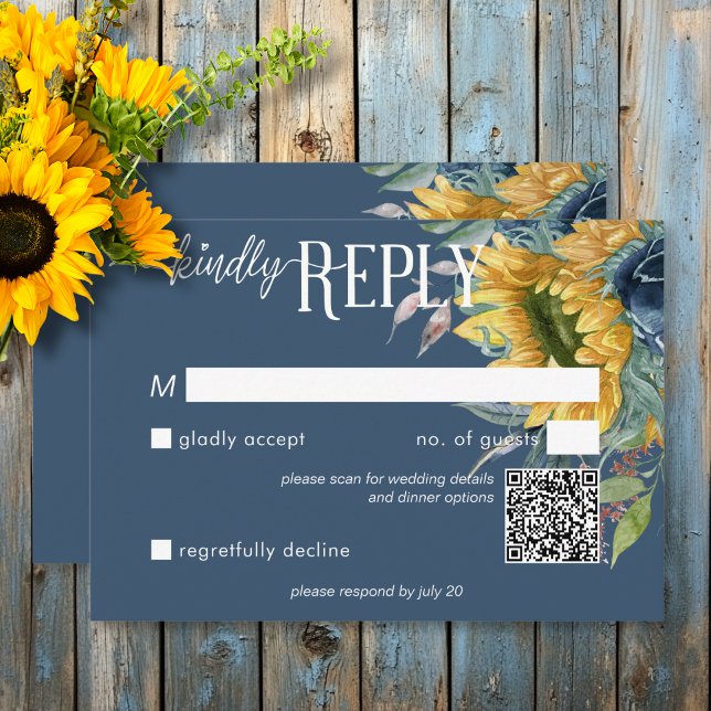 Rustic Dusty Blue Sunflowers Wedding QR Code RSVP Karte (Rustic Dusty Blue Sunflowers Wedding QR Code RSVP Card)