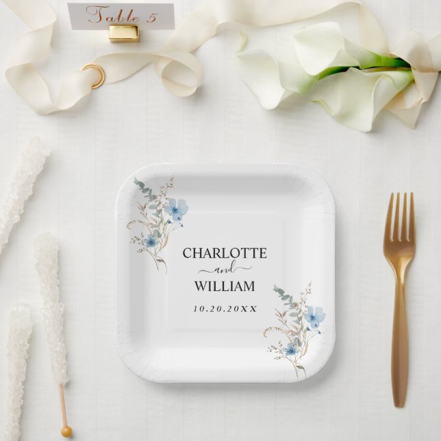 rustic dusty Blue watercolor flower bouquet Pappteller (Hochzeit)