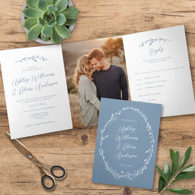 Rustic Dusty Blue Wildblume Boho Foto Wedding Dreifach Gefaltete Einladung (Von Creator hochgeladen)