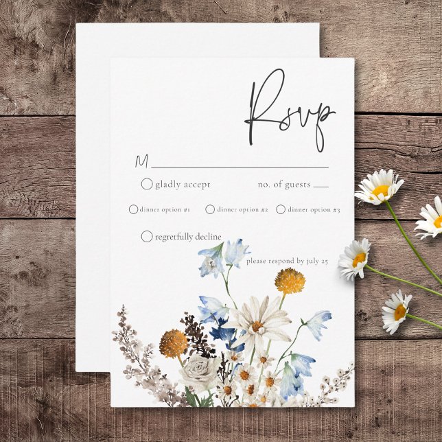 Rustic Dusty Blue Wildblumen & Daisies Dinner RSVP Karte (Von Creator hochgeladen)