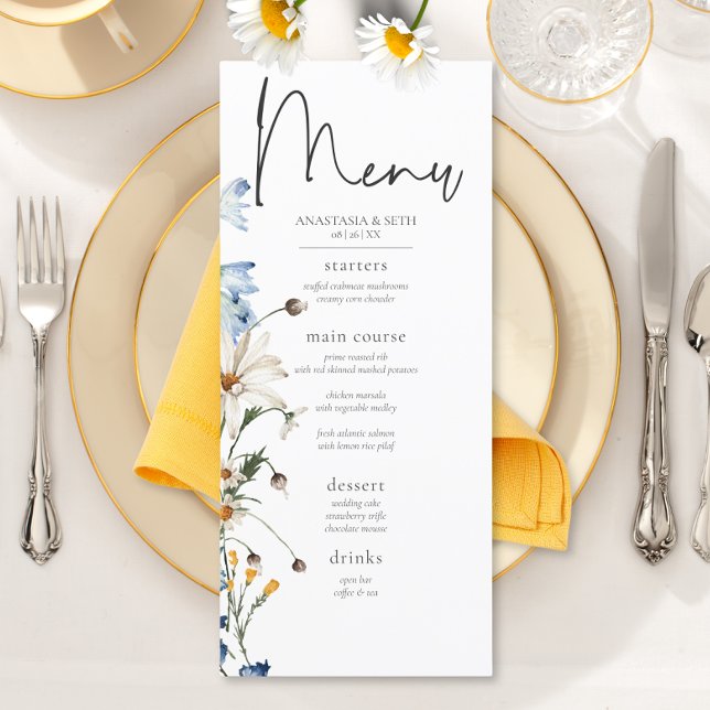 Rustic Dusty Blue Wildblumen & Daisies Long Menükarte (Rustic Dusty Blue Wildflowers & Daisies Long Wedding Menu)
