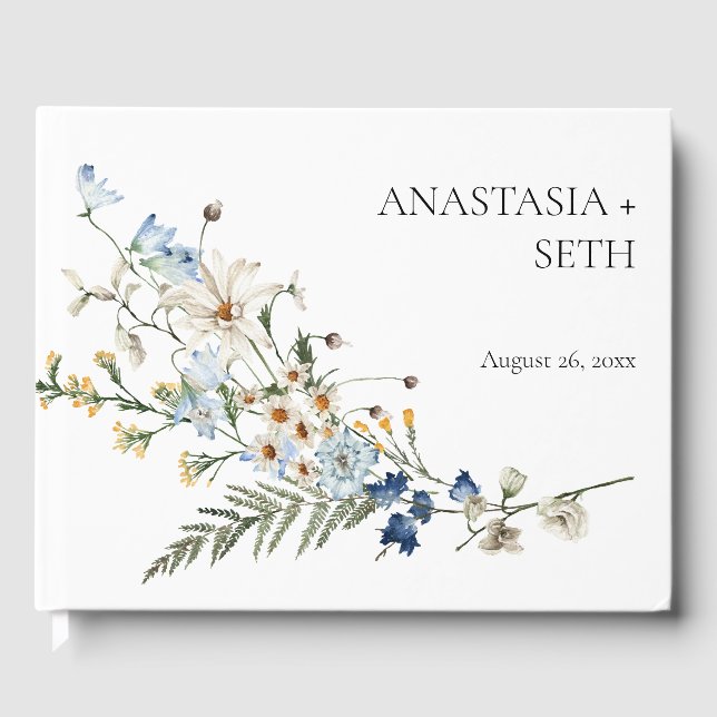 Rustic Dusty Blue Wildblumen & Daisies Wedding Gästebuch (Vorderseite)