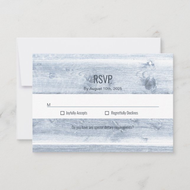 Rustic Dusty Blue Wood Wedding RSVP Karte (Vorderseite)