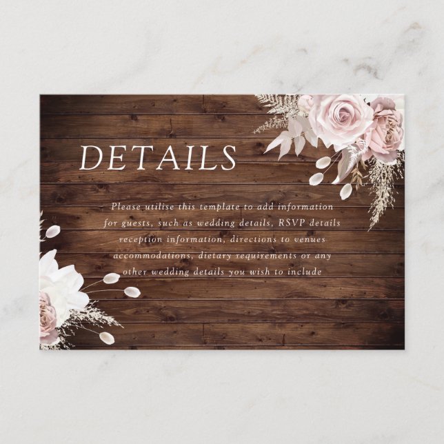 Rustic Dusty Rose Blush Floral Wedding Details Begleitkarte (Vorderseite)