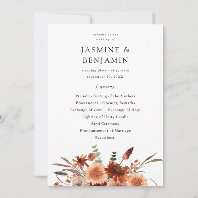 Rustic Earth & Champagne Florals Programme de mari (Devant)