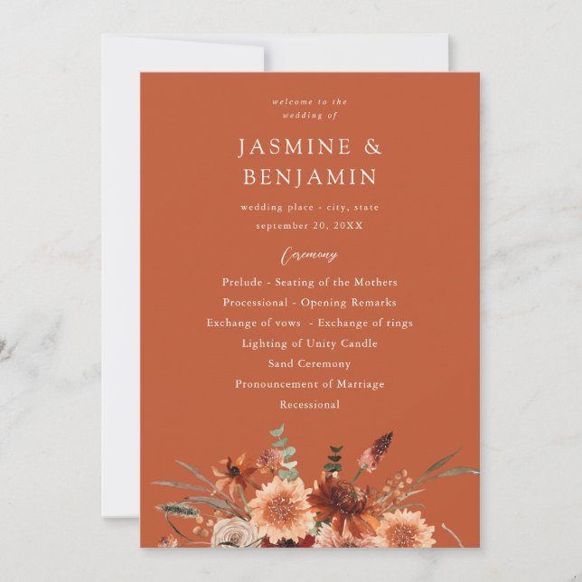 Rustic Earth & Champagne Florals Wedding Program T Einladung (Vorderseite)