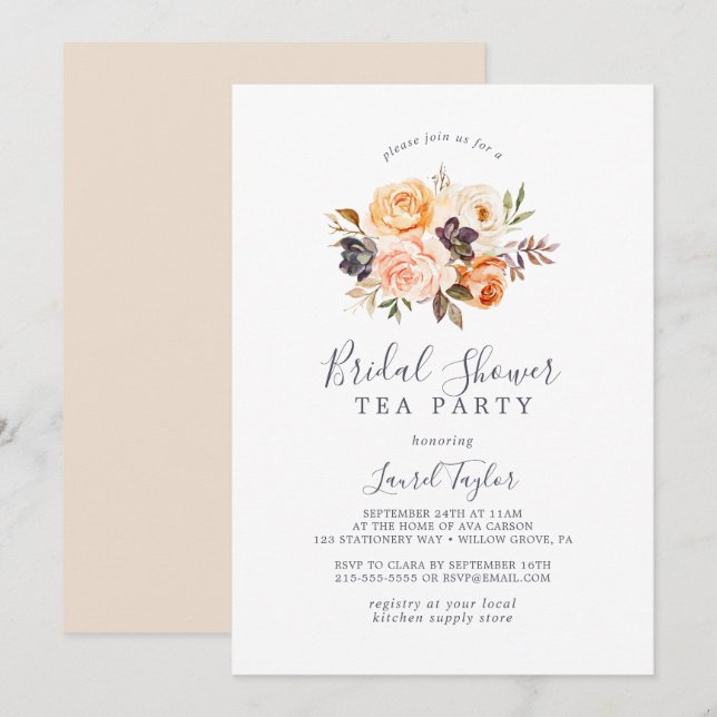 Rustic Earth Florals Brautparty Tee Party Einladung (Vorne/Hinten)