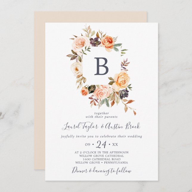 Rustic Earth Florals Monogram Wedding Einladung (Vorne/Hinten)
