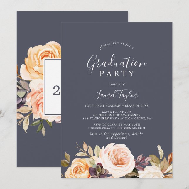 Rustic Earth Florals Purple Graduation Einladung (Vorne/Hinten)