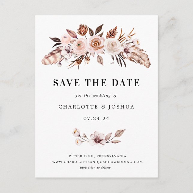 Rustic Earth-tone Boho Save the Date Einladung Postkarte (Vorderseite)