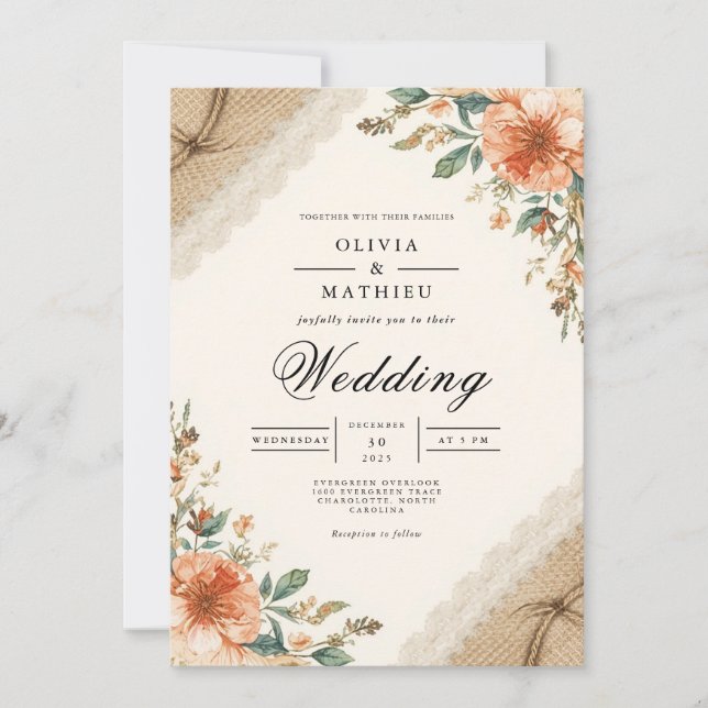 Rustic Earthy Bloom Blüh Wedding Einladung (Vorderseite)