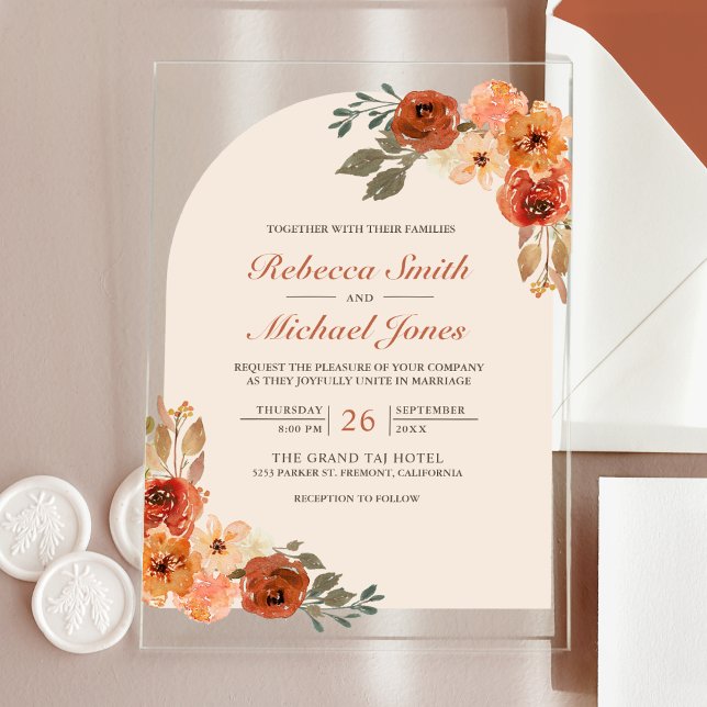 Rustic Earthy Burnt Orange Floral Arch Wedding Acryleinladungen (Von Creator hochgeladen)