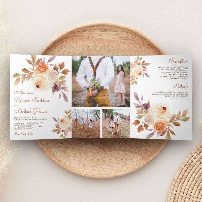 Rustic Earthy Dusty Peach Floral Wedding Dreifach Gefaltete Einladung (Von Creator hochgeladen)