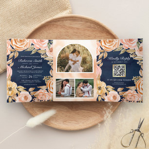 Rustic Earthy Floral Navy Blue QR Code Hochzeit Dreifach Gefaltete Einladung