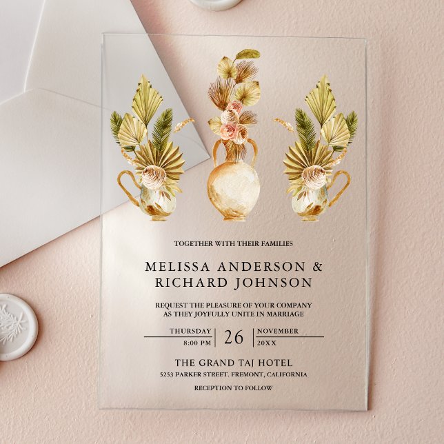 Rustic Earthy Floral Pots Dried Boho Palm Wedding Acryleinladungen (Von Creator hochgeladen)