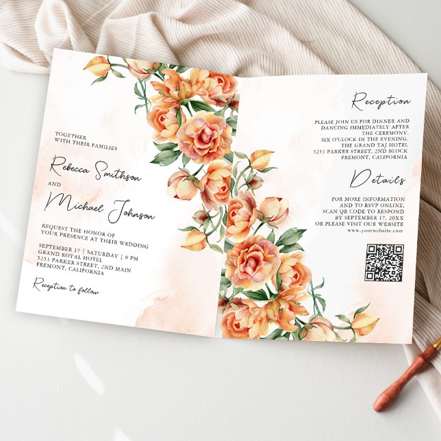 Rustic Earthy Peach Floral QR Code Wedding Einladung (Von Creator hochgeladen)