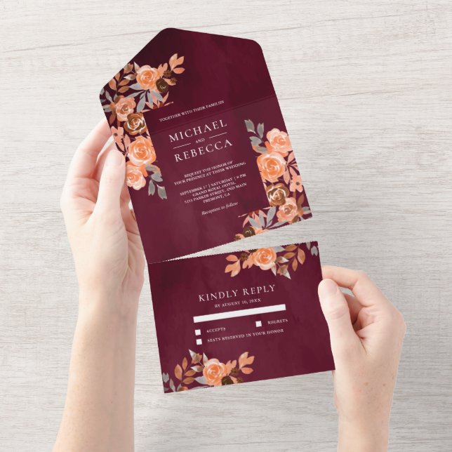 Rustic Earthy Terracotta Floral Burgundy Wedding All In One Einladung (Abreißen)