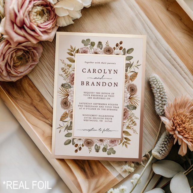 Rustic Elegant Boho Rose Gold Floral Wedding  Foil Folieneinladung (Rustic Elegant Boho Rose Gold Floral Wedding Foil Foil Invitation)