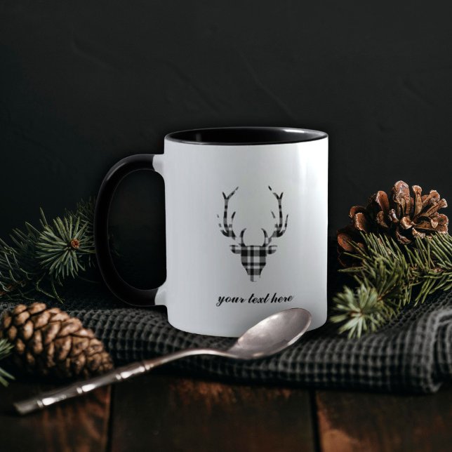 Rustic Elegant Personalized Plaid Deer Mug Cup Tasse (rustic elegant personalized black and white plaid deer mug)