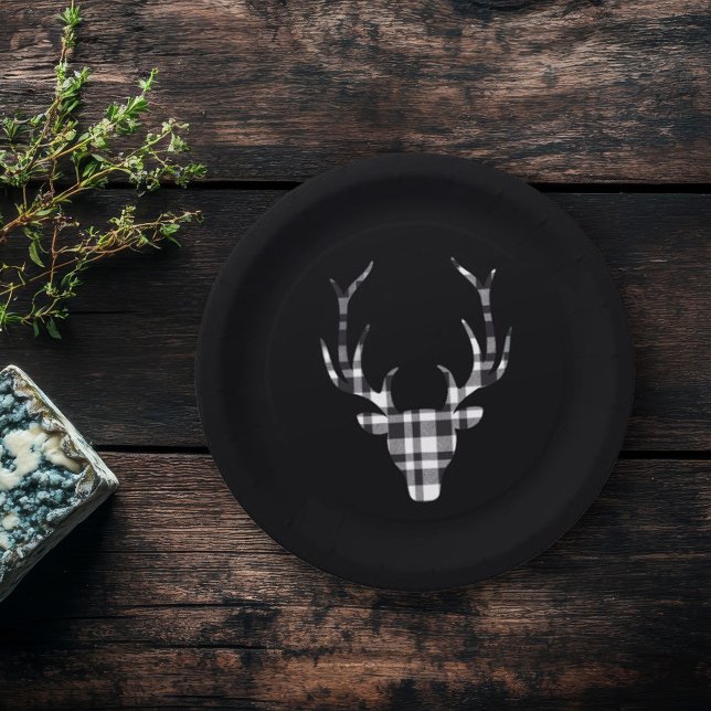 Rustic Elegant Plaid Deer Christmas Paper Plates Pappteller (elegant chic paper plate. modern plaid check deer design)