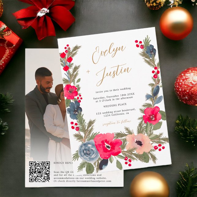 Rustic Elegant Winter Floral photo Qr code Wedding Einladung (Rustic Elegant Winter Floral photo Qr code Wedding Invitation)