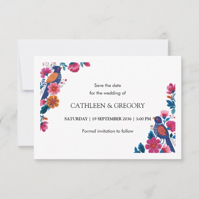 Rustic Ethnic Folk Birds and Flowers Wedding Save The Date (Vorderseite)