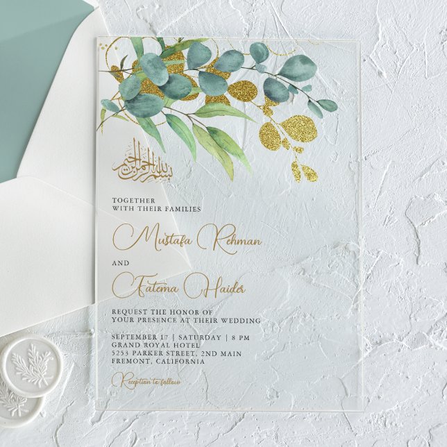 Rustic Eucalyptus Gold Branch Islamic Wedding Acryleinladungen (Von Creator hochgeladen)