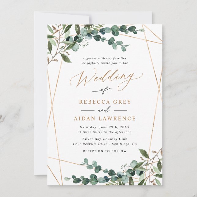 Rustic Eucalyptus Greenery Gold All-in-One Wedding Einladung (Vorderseite)