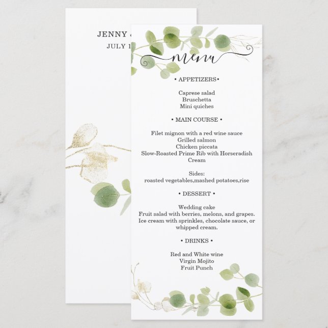 Rustic Eucalyptus Greenery Gold Wedding Reception Menükarte (Vorne/Hinten)